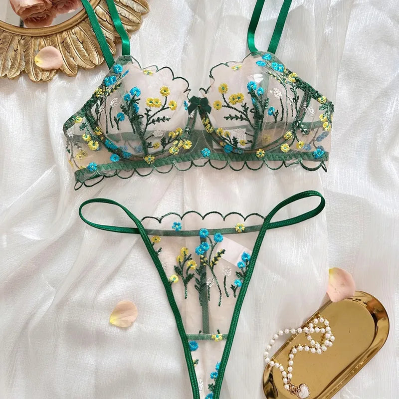 Ensemble Lingerie Fleuri Transparent Lanière
