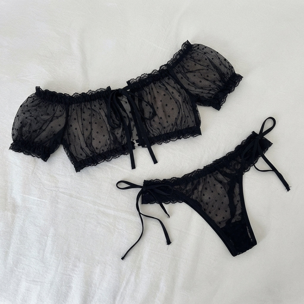 Ensemble Lingerie Pois Sans Bretelles Dentelle