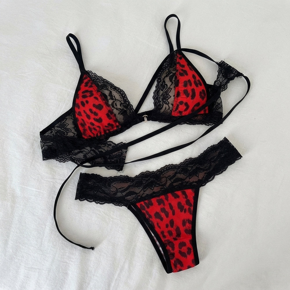 Ensemble Lingerie Léopard Rouge Col V Profond
